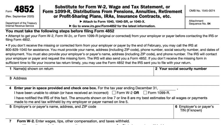 4852 Form 2022