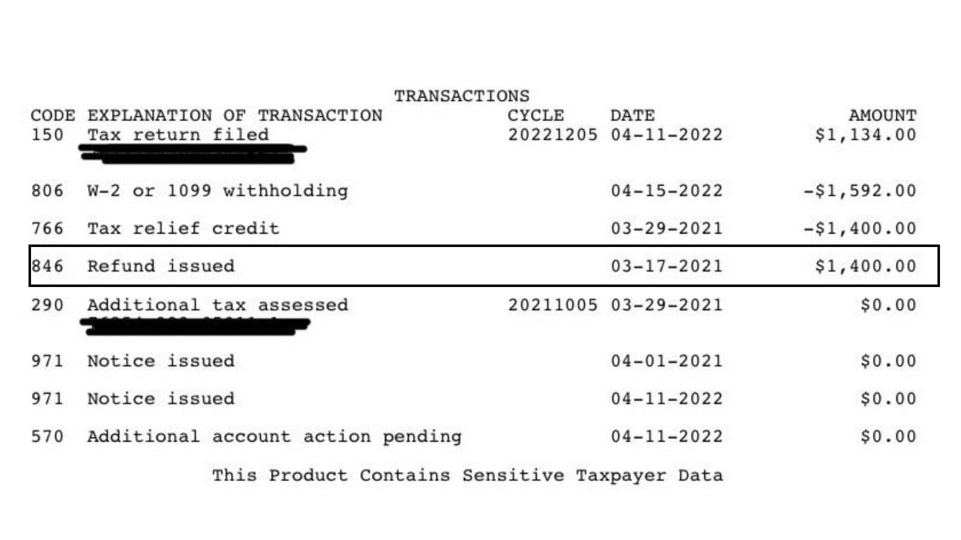 IRS Account Transcript Code 846