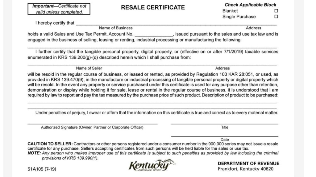 How to Fill out the Kentucky Resale Certificate Form 51A105