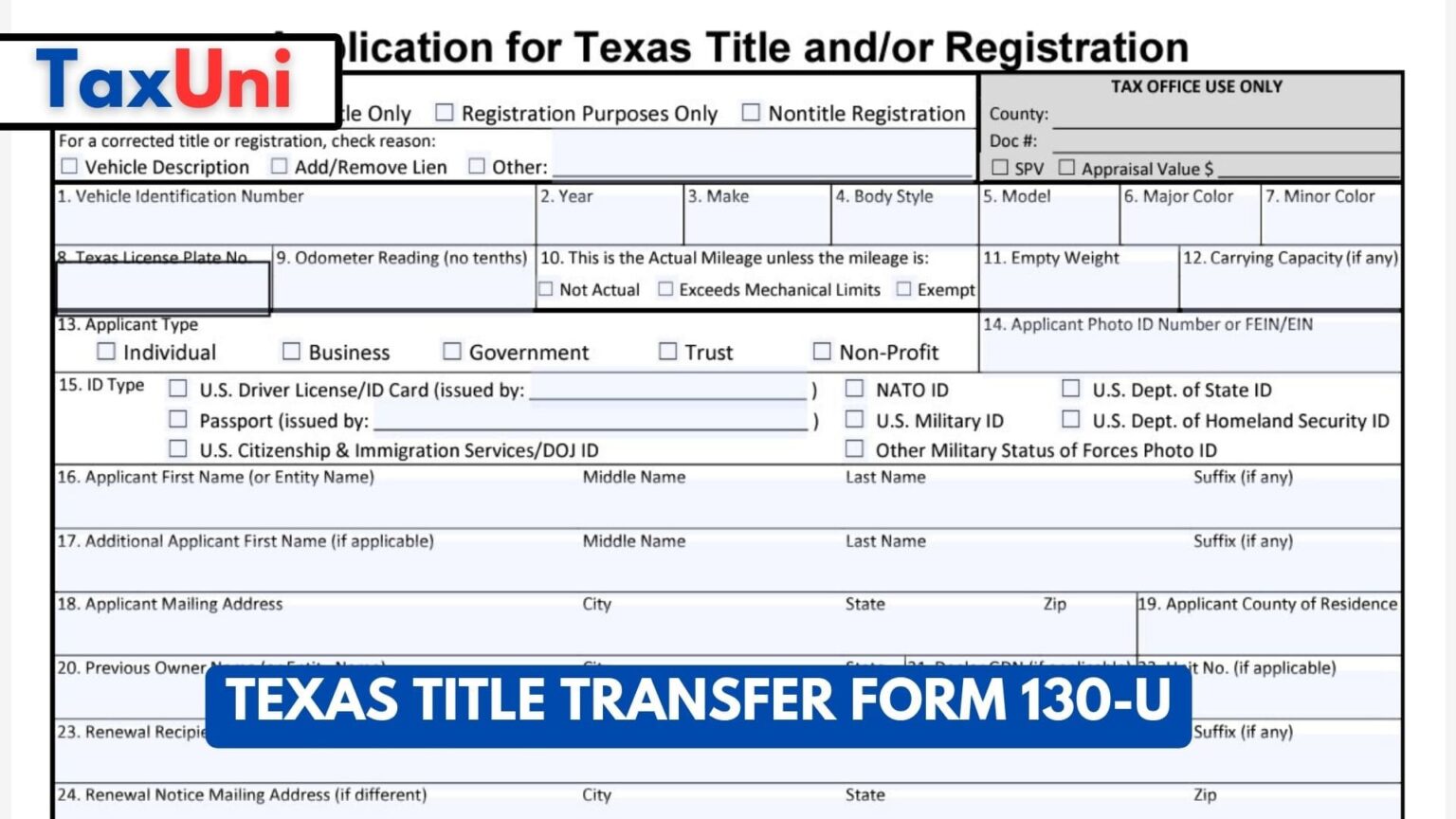 Texas Title Transfer Form 130U 2025