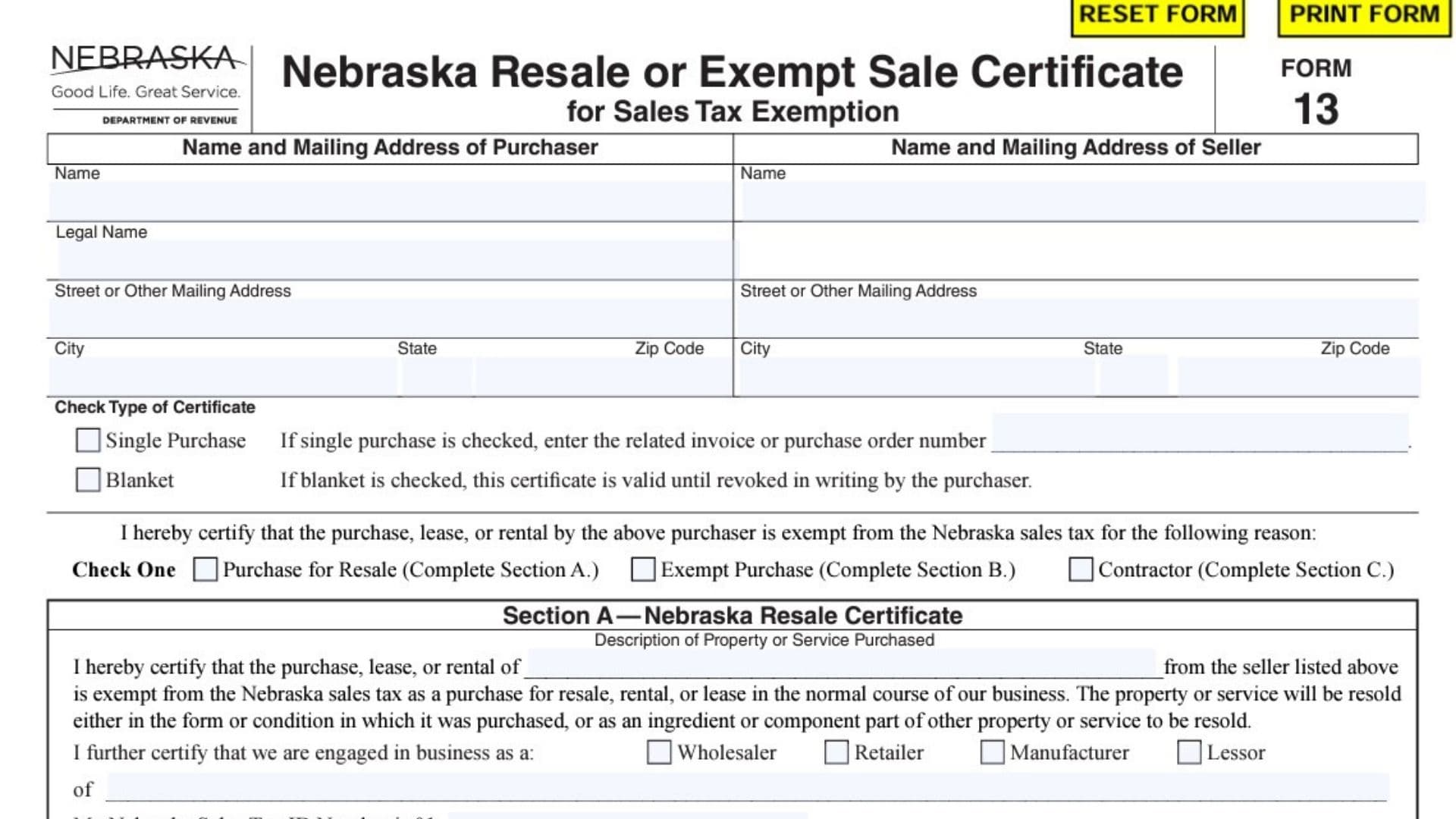 Nebraska Sales Tax Exempt Sale Certificate