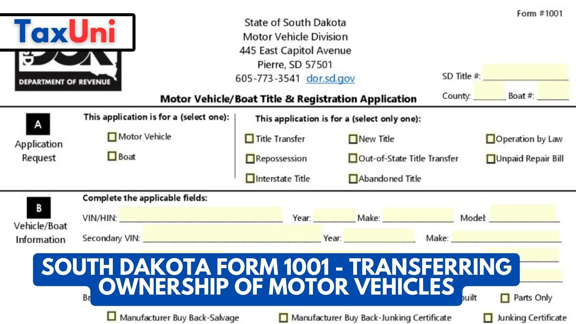 South Dakota Form 1001 - Transferring Ownership of Motor Vehicles